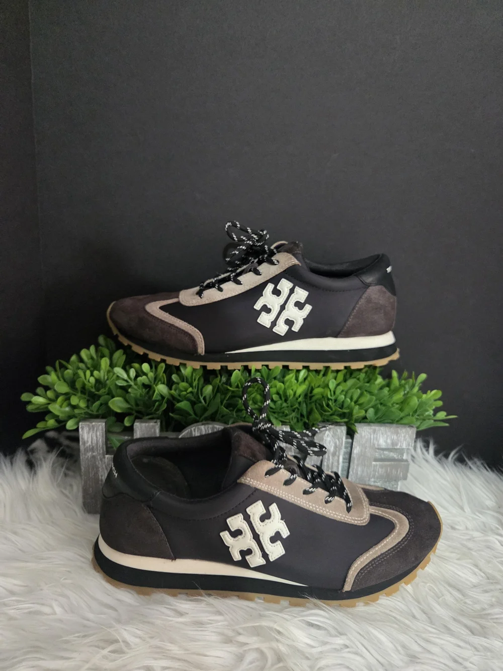 Tory Burch Black/Brown/Tan Vintage Nylon Lace-Up Women's Sneakers. Size 10.5